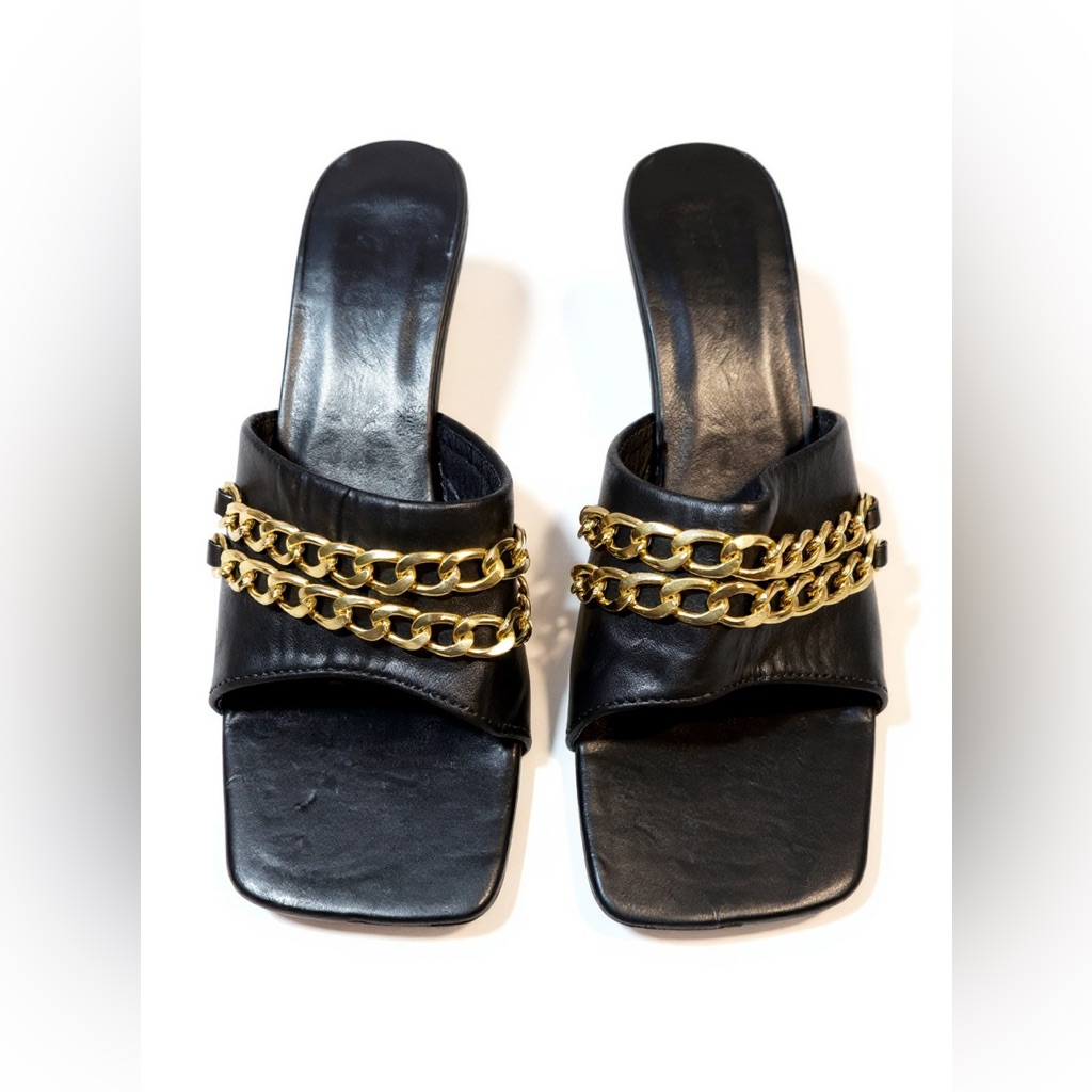 Black And Gold Chain Detail Women's Sandals